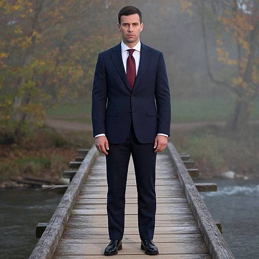 Photograph of a serious, handsome man in a dark blue suit, white shirt, and red tie, standing on a wooden bridge in a foggy
