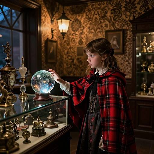 Photograph of a young girl with brown hair in a red plaid cloak, gently touching a glowing snow globe in a dimly lit, vintage-style