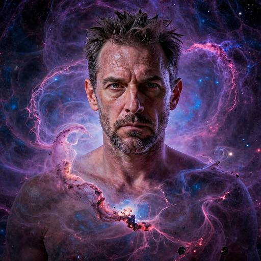 Photographic composite of a rugged, shirtless man with spiky hair, intense gaze, surrounded by vibrant, swirling cosmic energy and neon pink lightning.