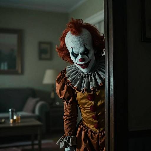 Photograph of a creepy clown with white face paint, red hair, and a ruffled collar, peering from a dimly lit doorway into a