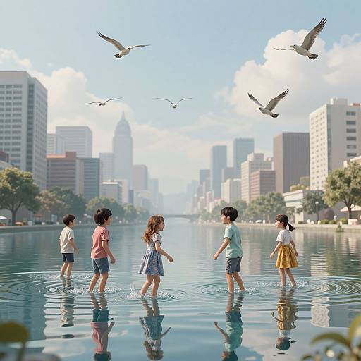Digital illustration: Five children wading in a city's reflective lake, surrounded by skyscrapers and flying birds under a bright blue sky.