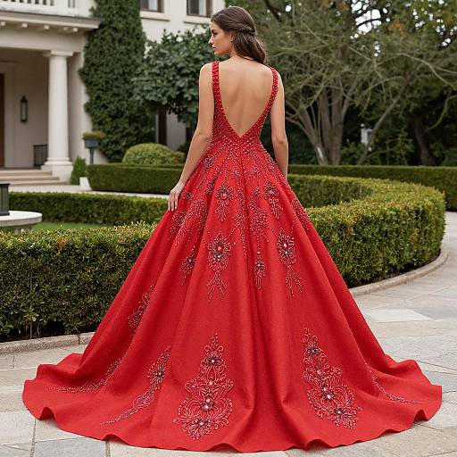 Photograph of a woman in a backless, red, full-skirted evening gown with intricate silver embroidery, standing outdoors on a stone path,