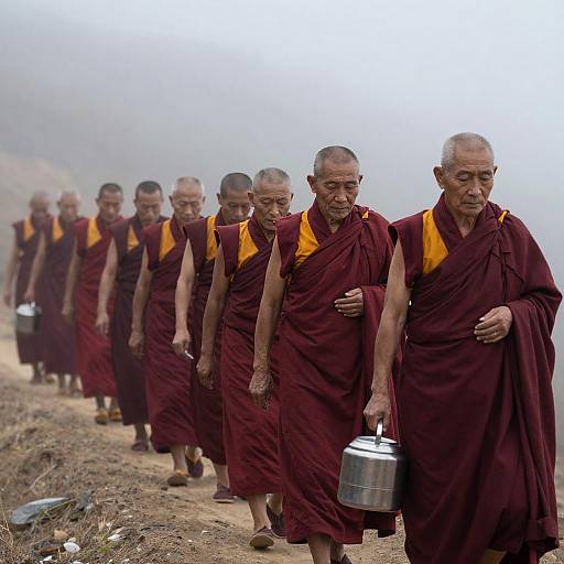 Elderly Monks Walking Through Foggy Hill