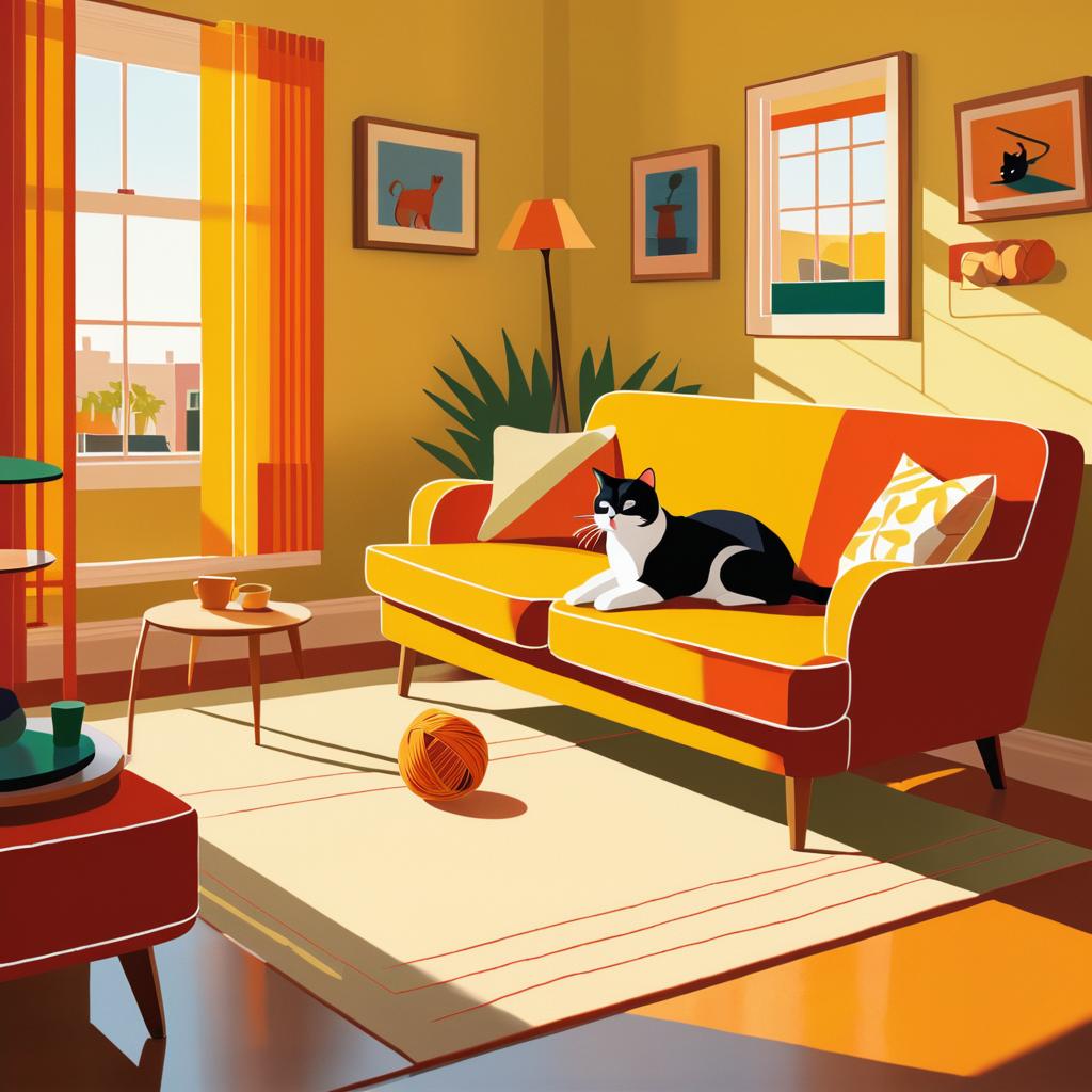 Playful Cat in Sunlit Vintage Living Room