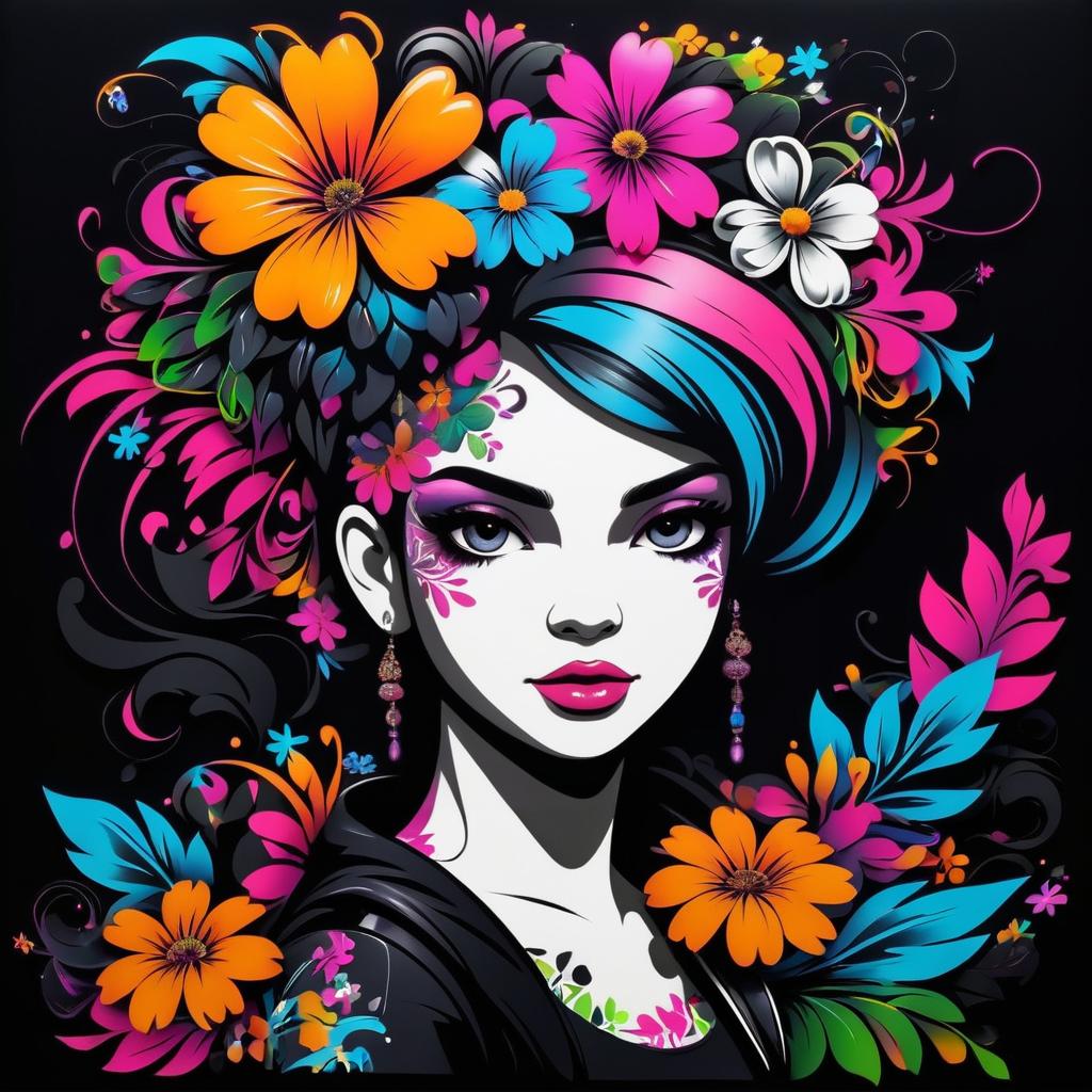 Floral Graffiti Woman on Dark Canvas