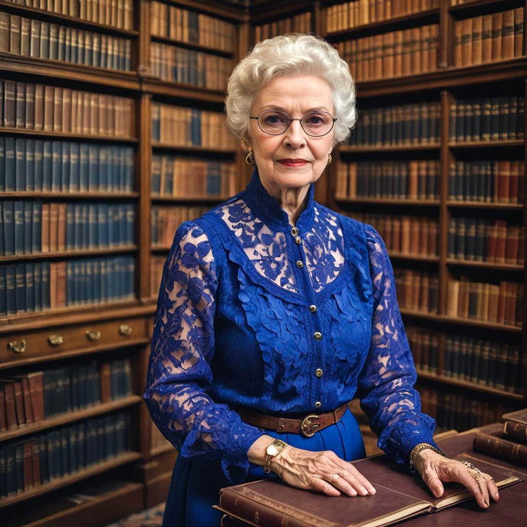 Chic Elder in Cozy Library Setting