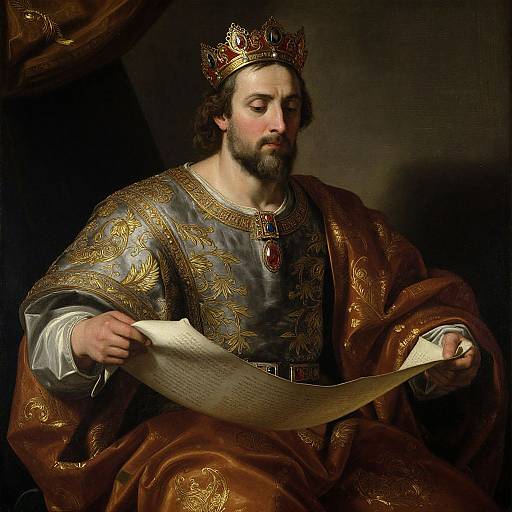 Photorealistic oil painting of a bearded, fair-skinned king with crown, ornate gold and blue robe, holding parchment, dark background.