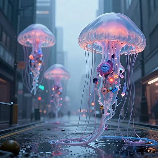 Digital art of glowing, bioluminescent jellyfish adorned with colorful lights and beads, floating in a misty, urban alleyway at night.