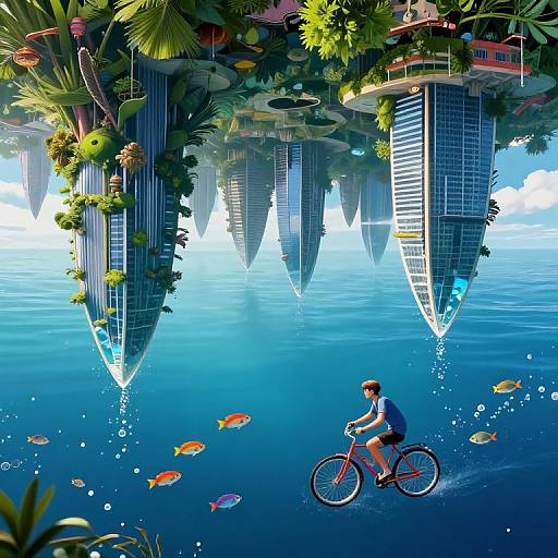 Digital artwork: A young man in a blue shirt and red helmet rides a bicycle underwater, surrounded by floating, lush city islands, colorful fish, and