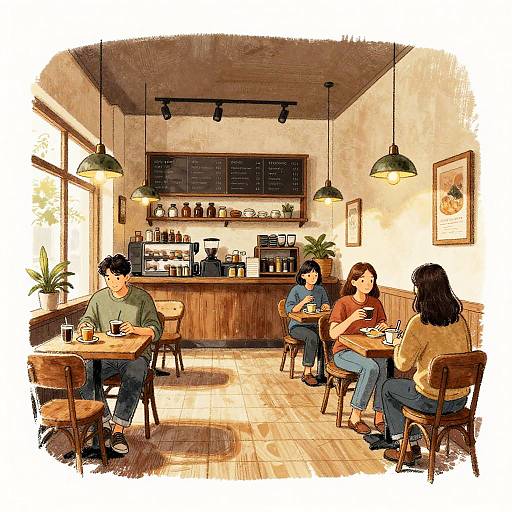 Illustration of a cozy café with five people, four seated at wooden tables, one behind the counter, warm lighting, potted plants, and a