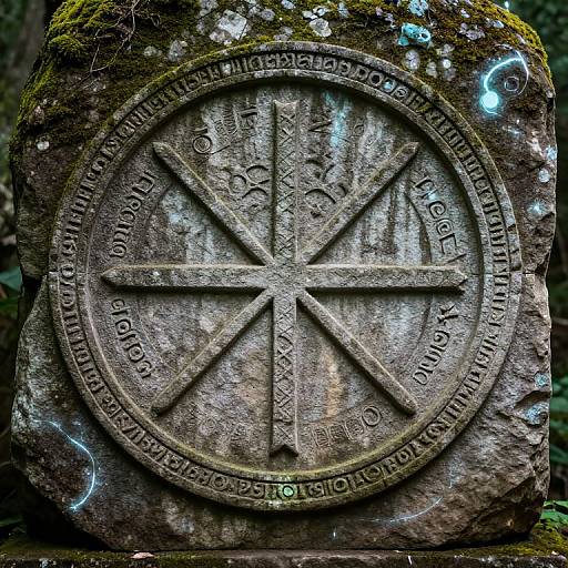 Photograph of a weathered stone plaque with a large, central, six-pointed star symbol surrounded by engraved text and mossy texture.