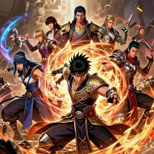 Dynamic anime-style drawing of seven fierce, battle-ready warriors with diverse backgrounds, surrounded by swirling fire and energy, in dramatic, glowing light.