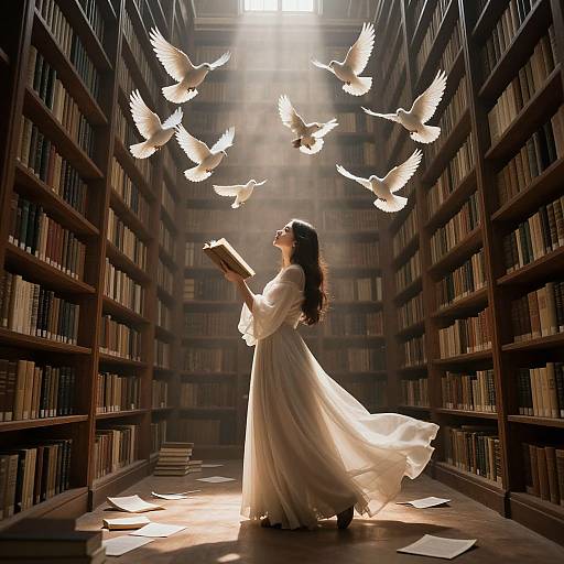 Photograph of a long-haired woman in a flowing white dress, reading a book amidst flying white doves in a sunlit library.