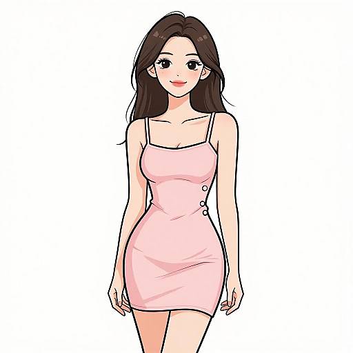 Digital anime-style drawing of a smiling young woman with long brown hair, wearing a pink, form-fitting, spaghetti-strap dress.