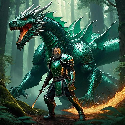 Knight and Dragon in Enchanted Forest