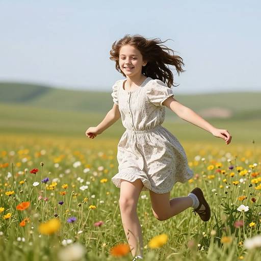 Photograph of a smiling young girl with fair skin and brown hair, wearing a white dress, running through a vibrant field of colorful wildflowers under a