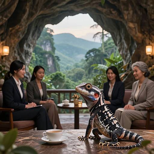 Photograph of four businesswomen in suits, seated in a cave-like setting with a colorful, detailed iguana figurine on a table, overlooking