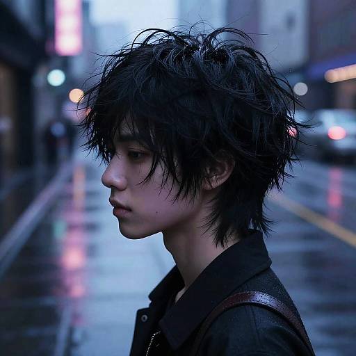 Photograph of a pensive Asian male with messy black hair, wearing a dark jacket, standing on a wet, neon-lit urban street at dusk