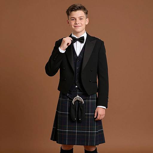 Photograph of a young white boy with short brown hair, wearing a black bow tie, jacket, and plaid kilt, against a brown background