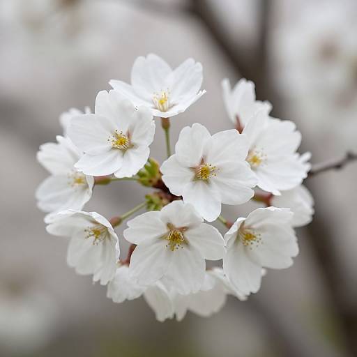 Photograph of a cluster of delicate white cherry blossoms with yellow centers, against a blurred gray and white background.