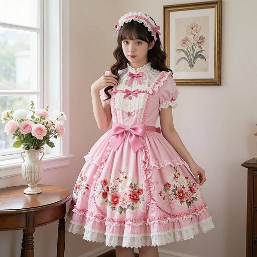 Photograph of an Asian woman in a pink floral lace dress, white lace collar, and headband, standing in a sunlit room with a vase