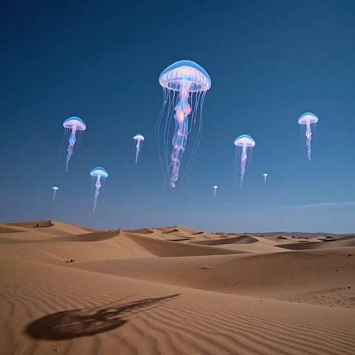 Luminous Jellyfish Raindrops in Desert Sky