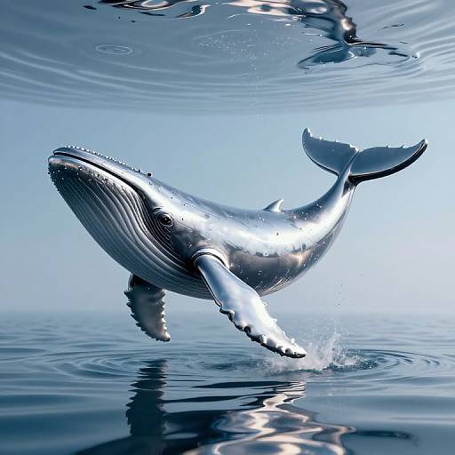 Photorealistic CGI of a silver, glossy humpback whale swimming beneath the water's surface, with light reflections and ripples.