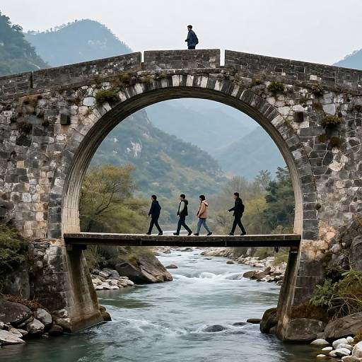 Photograph of five people crossing a stone arch bridge over a flowing river, surrounded by misty mountains and lush greenery.
