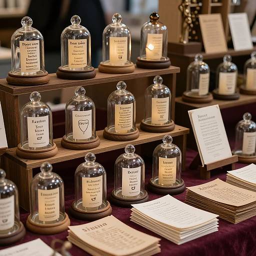 Photograph of wooden shelves displaying glass-domed containers with white labels, stacked on dark purple tablecloth, next to stacked white cards.