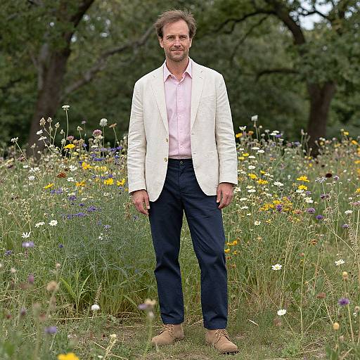Photograph of a bearded man in a white blazer, pink shirt, navy pants, and brown shoes standing in a colorful wildflower meadow
