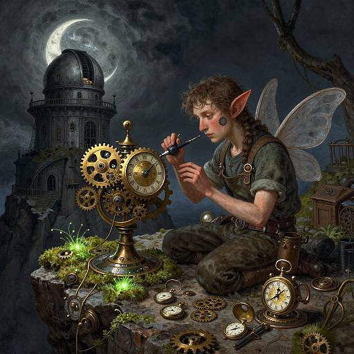 Steampunk Fae Tinkerer Repairing Automaton