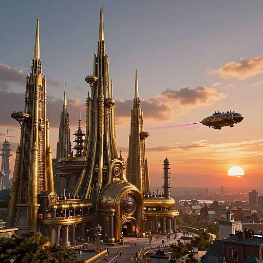 Photorealistic digital artwork of a futuristic Gothic cathedral with golden spires, illuminated at sunset, surrounded by a cityscape, with a flying saucer
