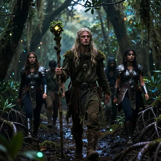 Druid Leading Adventurers Through Bioluminescent Mangroves