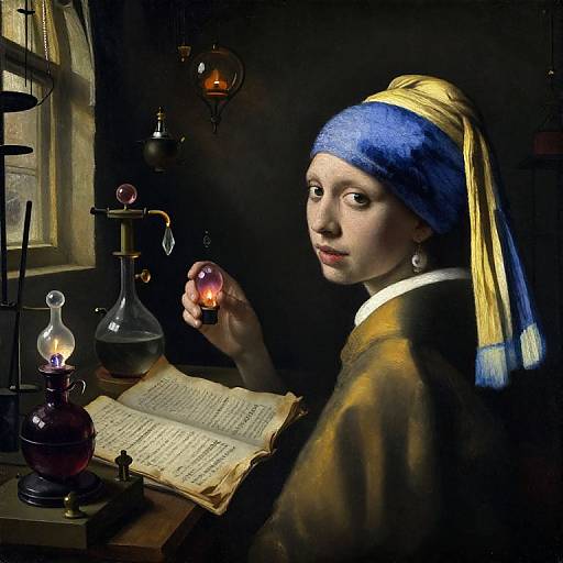 Photorealistic digital painting of a 17th-century woman in a blue headscarf, yellow ribbon, studying a book by candlelight, holding