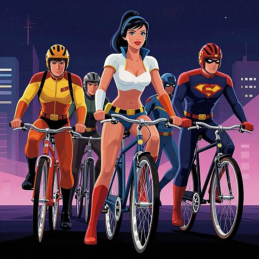 Digital art of five superheroes cycling at night: woman in white crop top and shorts, yellow and red suited man, two others, and masked man in