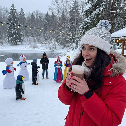 Photograph of a smiling woman in a red coat and white hat, holding a latte, watching children build snowmen and play in a snowy,