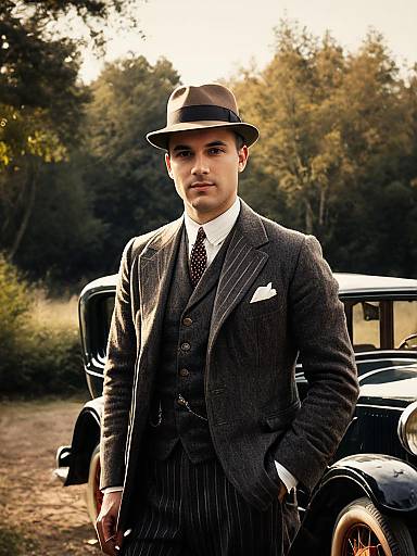 Man in 1920s Attire with Vintage Car