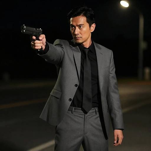 Intense Action Shot of Gunman in Suit