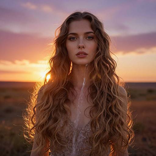 Photograph of a beautiful woman with long, wavy brown hair, wearing a sheer lace top, standing in a sunset-lit field with water dro