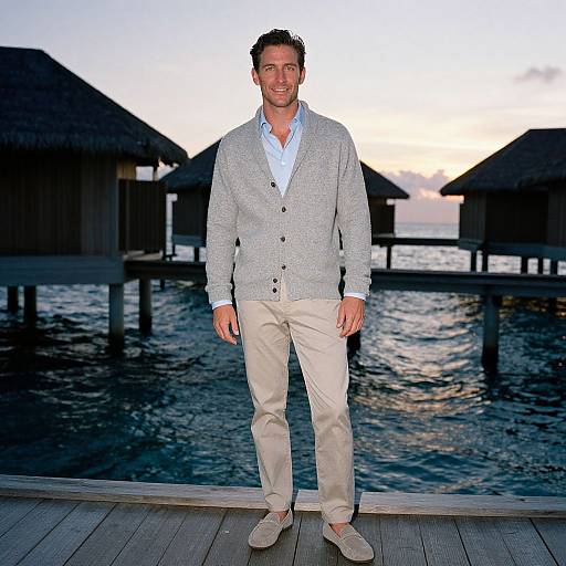 Photograph of a smiling man with short brown hair, light gray cardigan, white shirt, beige pants, and beige shoes, standing on a wooden