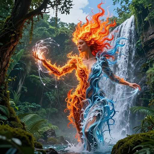 Digital fantasy artwork of a fire-and-water elemental woman with blazing orange and blue flames, standing by a misty waterfall in a lush forest. Her hands