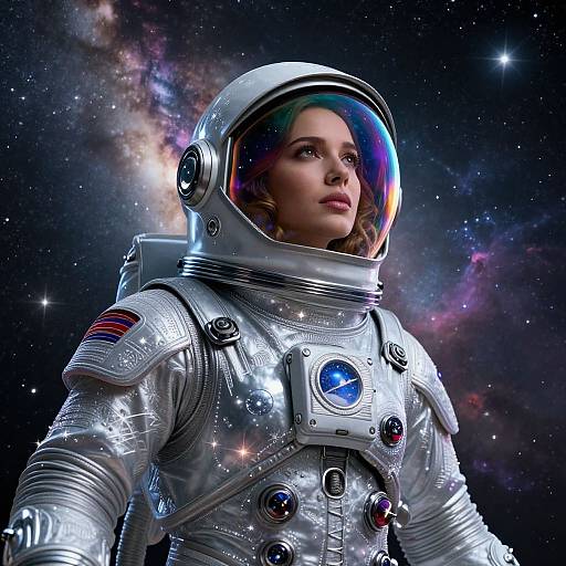 Photorealistic digital artwork of a beautiful woman in a silver space suit with a reflective helmet, gazing at a starry, colorful galaxy background.