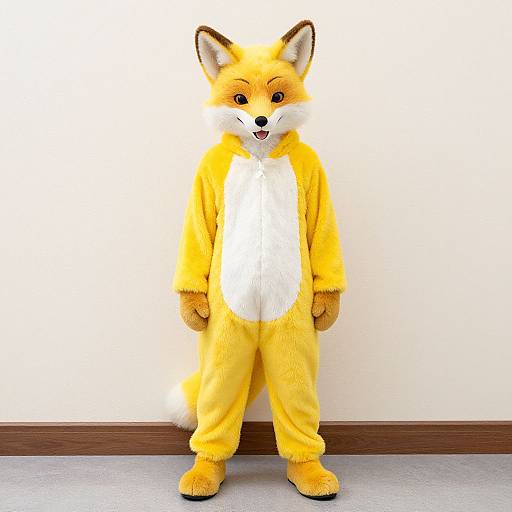 Photograph of a person in a bright yellow and white fox costume, standing against a white wall with a brown baseboard.