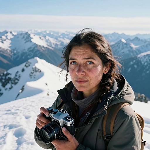 Photograph of a woman with fair skin, brown hair, and blue eyes holding a camera, standing in a snowy mountain landscape. She wears a green