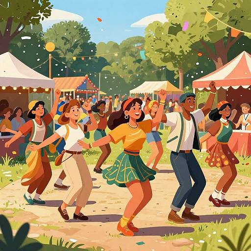 Digital illustration of a vibrant outdoor festival with diverse dancers, colorful clothes, trees, tents, and string lights on a sunny day.
