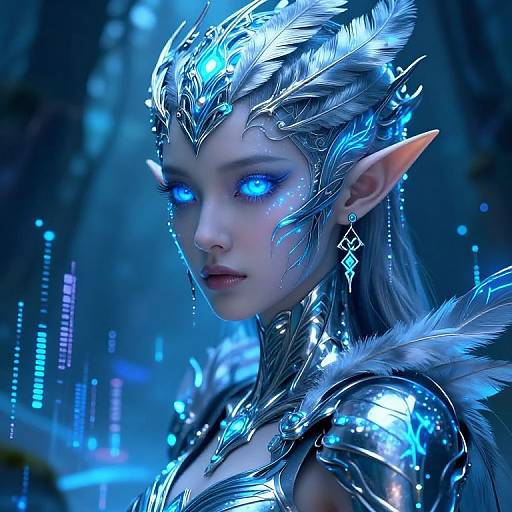 Digital artwork of an ethereal, blue-eyed elf with glowing blue eyes, silver feathery crown, and metallic armor, set against a blue-l