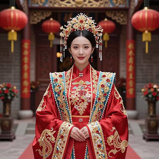 Photograph of an Asian woman in traditional red Chinese wedding attire with gold embroidery, beaded headpiece, and blue trim, standing in front of a