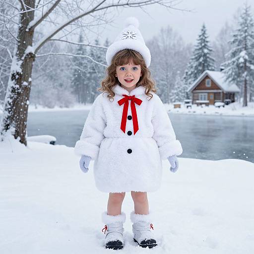 Photograph of a curly-haired, blue-eyed young girl in a white snowsuit with red ribbon, white hat, and snow boots, standing in a