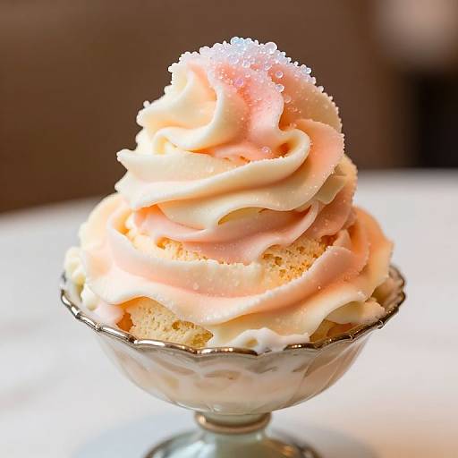 Photograph of a glass dessert bowl filled with creamy, pink-colored ice cream topped with sparkling sugar, against a blurred brown background.
