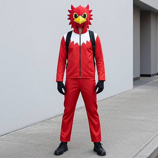 Photograph of a person in a bright red bird costume with yellow beak, white V-shaped chest patch, black gloves and backpack, standing on a